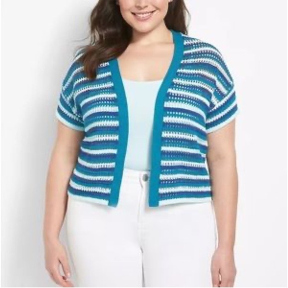 Lane Bryant Blue Striped Short Sleeve Cropped Crochet Knit Open Front Cardigan - Picture 1 of 6